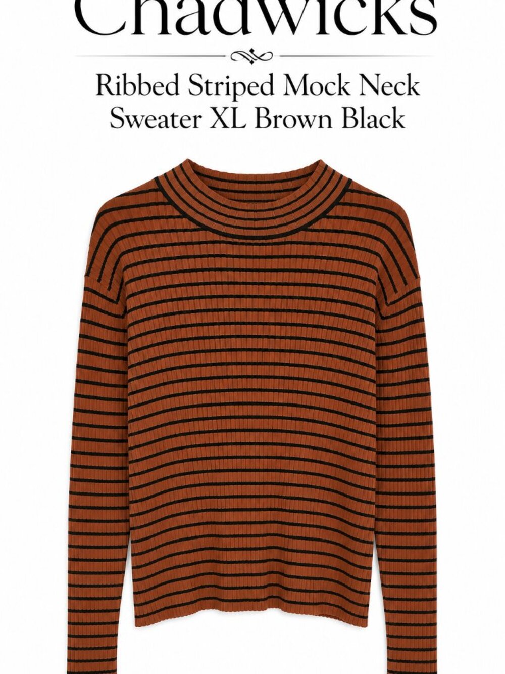 Chadwicks Ribbed Striped Mock Neck Sweater XL Brown Black Knit Top